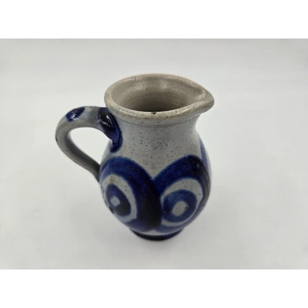 Stoneware Salt Glaze Pitcher with Cobalt Blue Design BULLSEYE Pattern Hand Paint